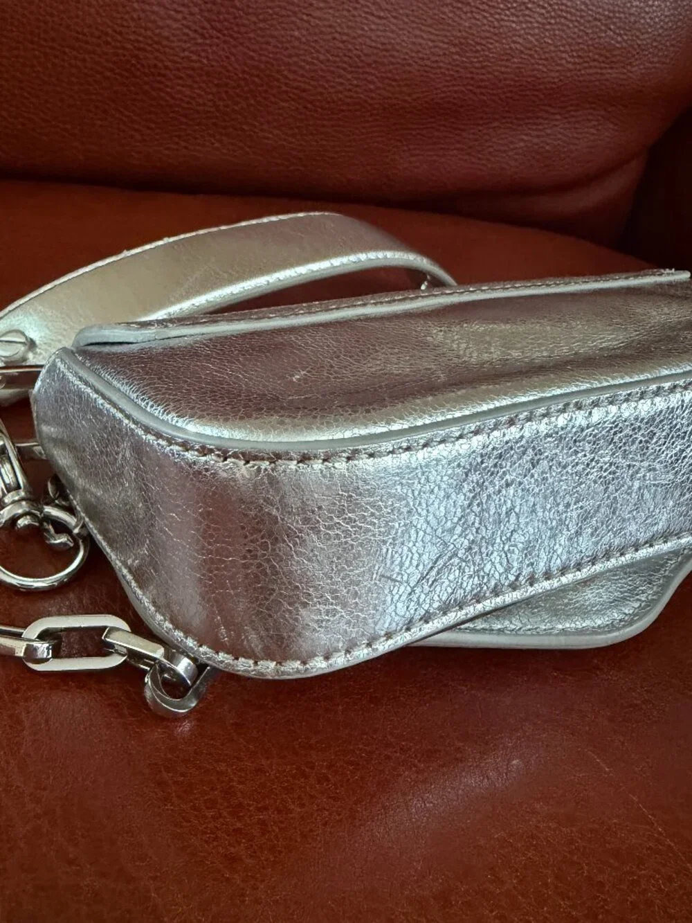 TORY BURCH MINI ROBINSON METALIC SILVER CHAIN CROSSBODY BAG